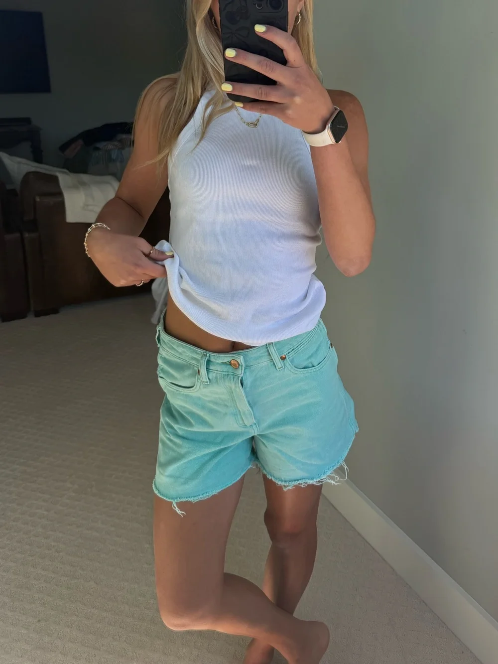 Green Denim Cutoff Shorts